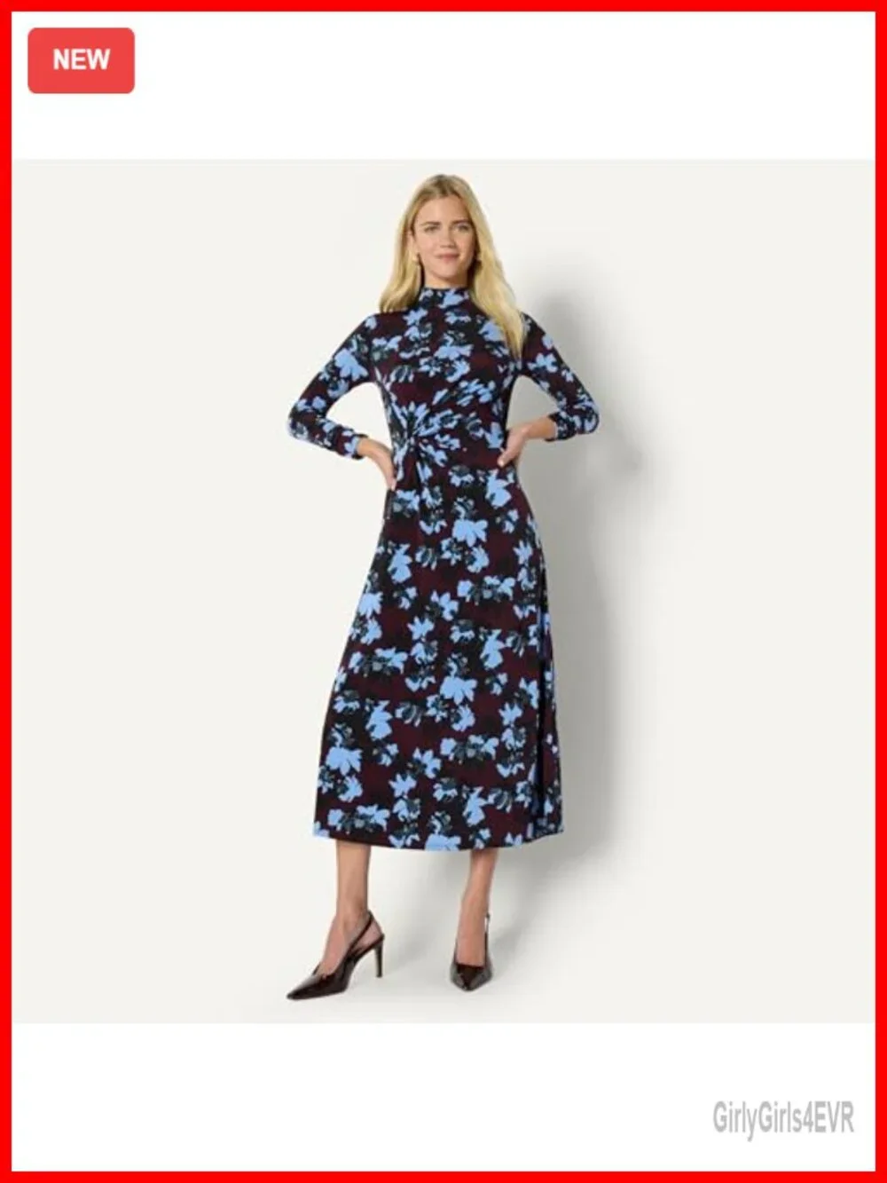 Women's Fit and Flare Long Sleeve Maxi Dress Stretch Jersey Mock Neck